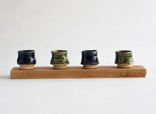 Saki Cups on Wooden Base by Geoffrey Healy Ceramic Artist