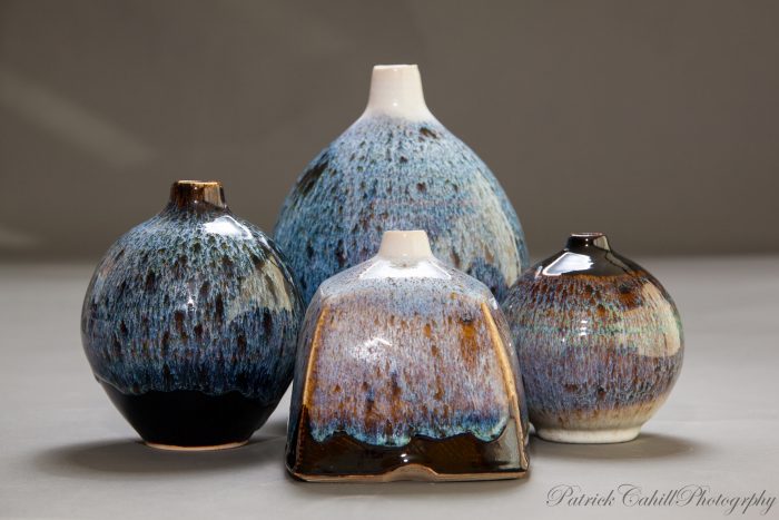 Assortment of Ceramic glazed bottles, hand thrown oxidised stoneware, created by Geoffrey Healy Pottery in Wicklow Ireland.